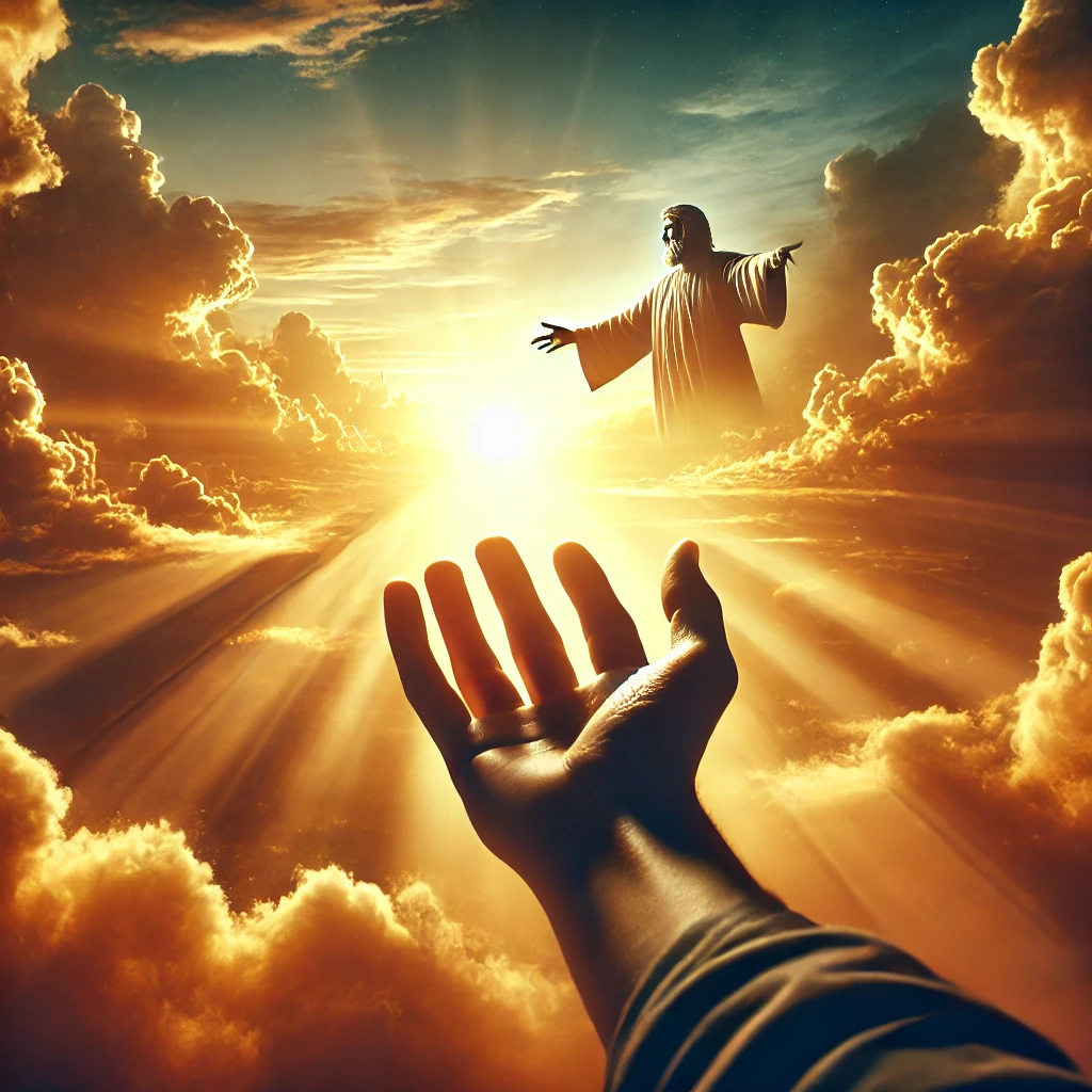 A hand reaching toward the sky at sunrise, symbolizing faith, spiritual longing, and a deep desire to follow God's plan and divine guidance.
