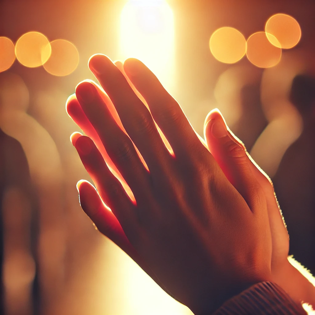 Close-up of hands folded in prayer with soft lighting, symbolizing faith, devotion, and Christian spirituality.