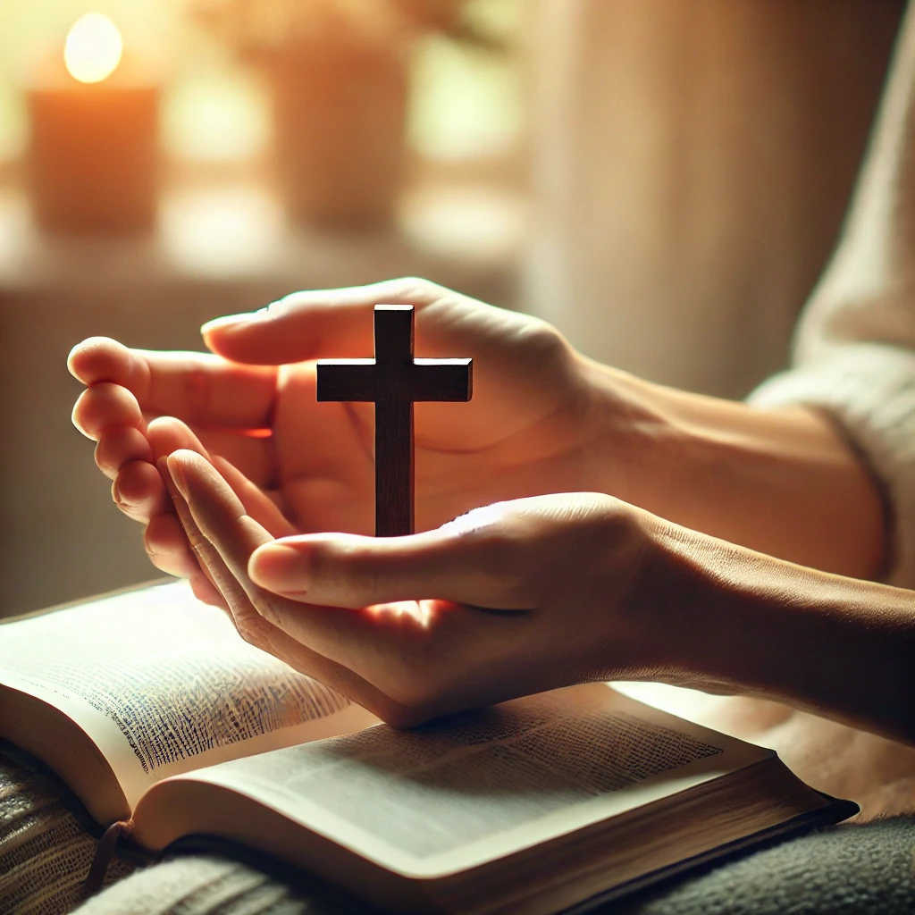 A serene scene of hands gently holding a cross or an open Bible, symbolizing prayer, healing, and spiritual connection in a peaceful setting with soft natural lighting.