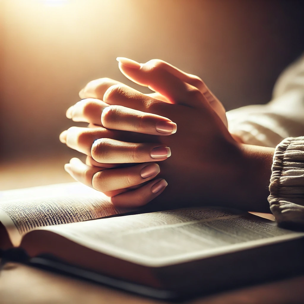 A close-up of hands gently folded in prayer over an open Bible, illuminated by soft natural lighting, symbolizing faith, devotion, and healing.