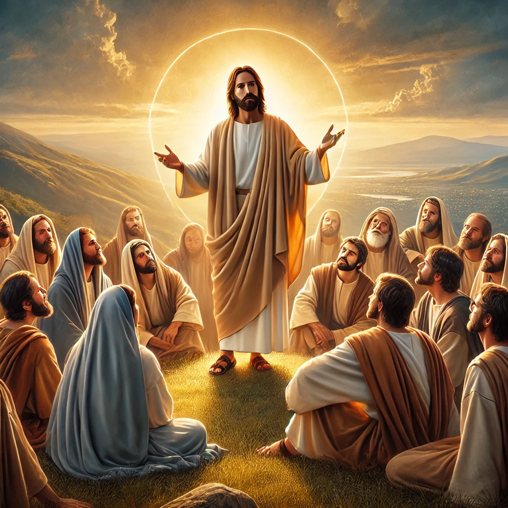 A realistic depiction of Jesus teaching His disciples on a hillside, emphasizing divine wisdom, faith, and the revelation of God's purpose through His Word.