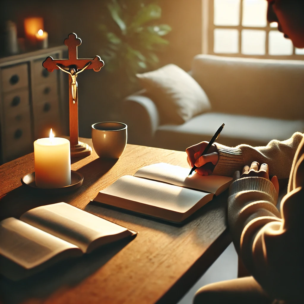 Peaceful scene of someone journaling prayers at a softly lit desk, capturing heartfelt repentance and personal reflection with an open Bible nearby.