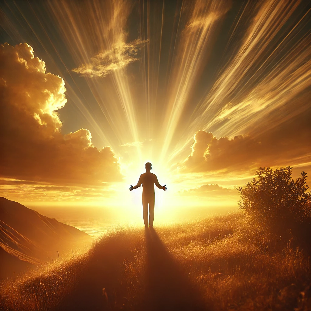 A person standing on a hilltop at sunrise, looking toward the sky with hands raised, symbolizing faith, divine guidance, and the search for meaning and Gods' purpose