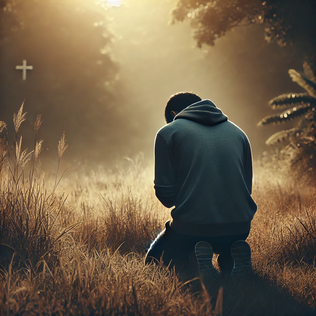 A person kneeling in prayer alone in a peaceful environment, illuminated by soft natural light, symbolizing faith, reflection, and Christian devotion.