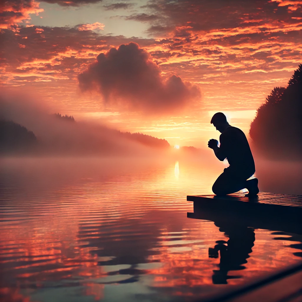 A person praying at the edge of a lake during sunrise, with warm orange and pink hues reflecting on the water, symbolizing faith, reflection, and spiritual connection with God.