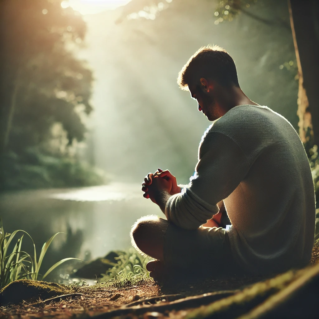 A person sitting quietly in prayer outdoors, surrounded by nature, in a peaceful setting symbolizing openness to God’s healing presence and spiritual connection.