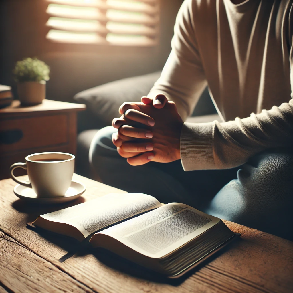 A person sitting in quiet prayer with an open Bible and a cup of coffee, in a peaceful setting with soft natural lighting, symbolizing devotion and spiritual reflection