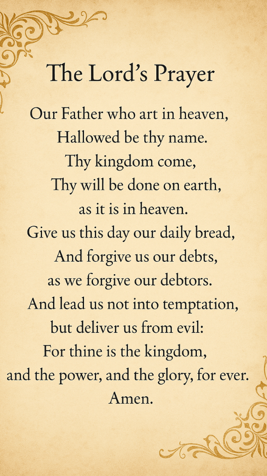 The Lord’s Prayer written in elegant black script on a parchment background with subtle gold accents, symbolizing reverence and timeless faith.