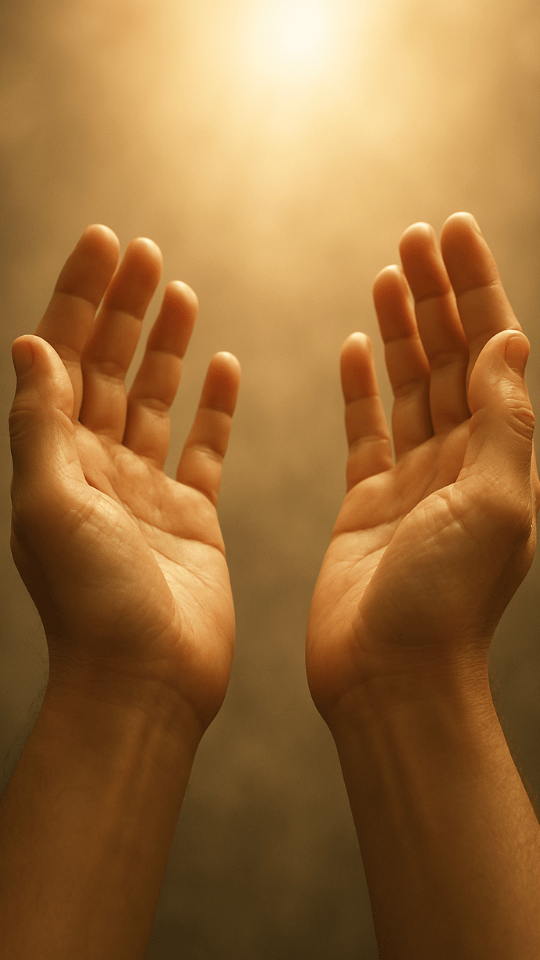 Open hands gently raised toward heaven, illuminated by soft light, symbolizing trust and surrender in The Lord's Prayer.