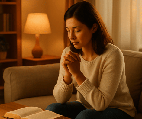 Young woman praying for strength in a cozy room with a Bible nearby, symbolizing Christian faith and hope during hard times