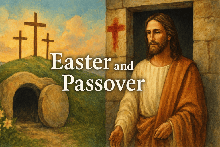 Jesus standing near a Passover-marked doorway with Easter symbols like a cross and tomb, illustrating the powerful connection between Easter and Passover.
