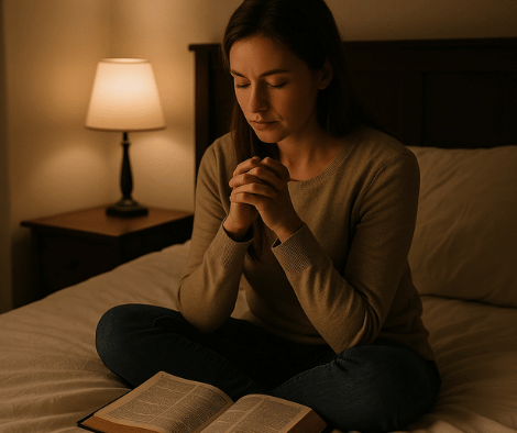 A peaceful dimly lit bedroom with a woman sitting in bed, hands folded in prayer or reading a Bible, symbolizing evening Christian prayer.
