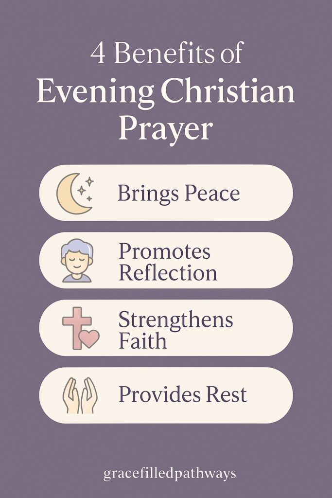 Infographic showing 4 benefits of evening Christian prayer with icons and soft purple tones, including peace, reflection, faith, and rest.