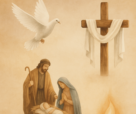 Collage of Christian holiday symbols including Nativity, cross, dove, and palm branches on a soft, warm background
