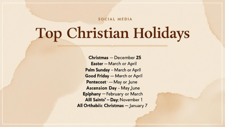 Social media graphic listing top 10 Christian holidays with dates on a beige background, including Christmas, Easter, Good Friday, Pentecost, and more