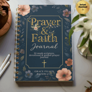 Prayer & Faith Journal – 52-week Scripture devotional and guided prayer journal with floral cover, spiral-bound, digital download by Grace Filled Pathways