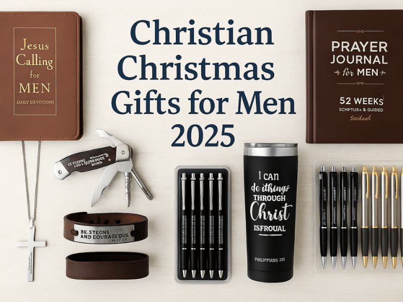 Flat lay of Christian Christmas gifts for men including devotional books, prayer journal, stainless steel cross necklace, leather bracelet, multitool, faith-based tumbler, and engraved pen set with text Christian Christmas Gifts for Men 2025