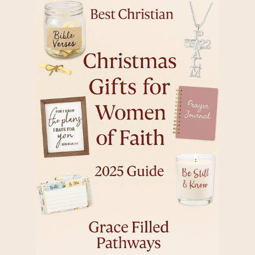 Cozy Christmas scene with decorated tree, wrapped gifts, and Christian faith-based presents including a prayer journal, Bible verse jar, Scripture candle, and cross necklace