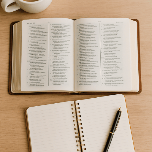 Open Bible with a journal, pen, and coffee cup on a wooden table — symbolizing creating a Bible study plan for beginners, reflection, and daily prayer.
