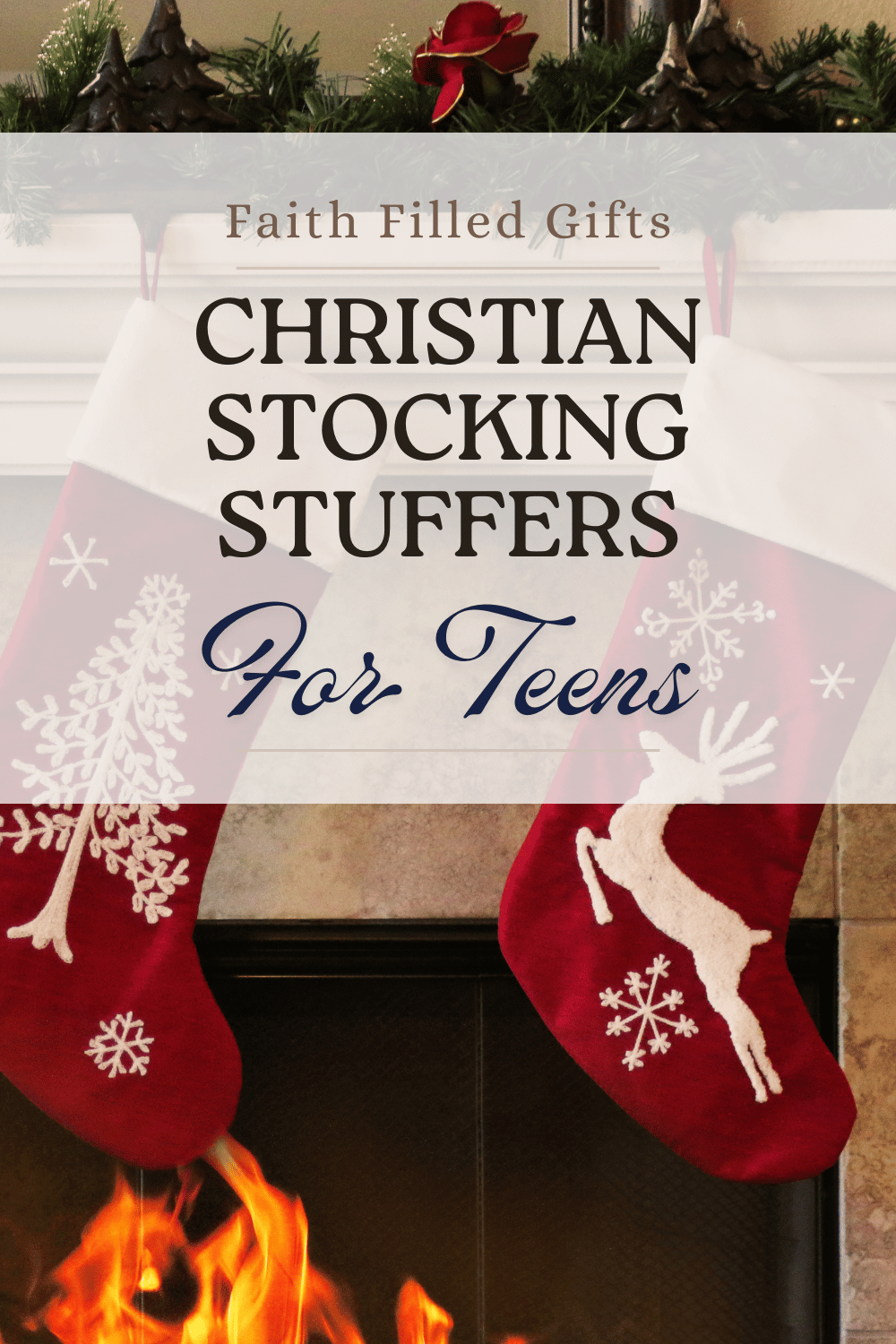 Stocking stuffers for Christian teens with faith-inspired gifts like devotionals, bracelets, bookmarks, and candles arranged in a Christmas flat lay with a red stocking and gold accents.