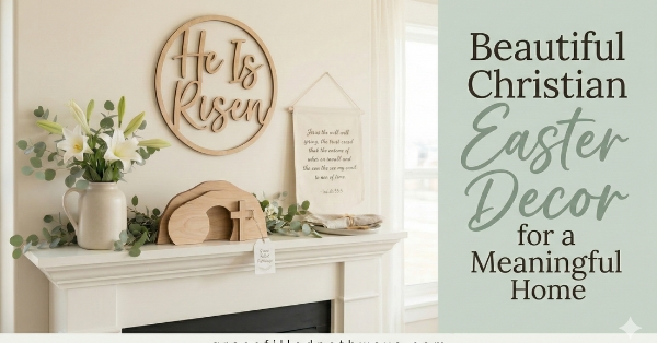 A beautifully styled fireplace mantle featuring modern Christian Easter decor, including a wooden empty tomb display, a He Is Risen sign, and a canvas scripture banner surrounded by white spring lilies.