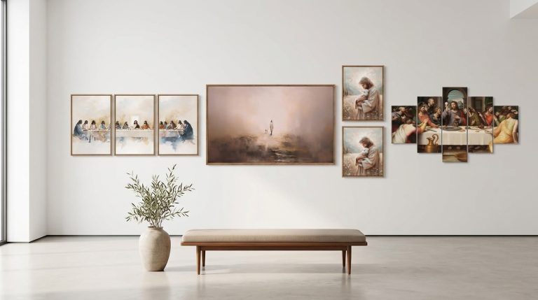 A cozy, inviting corner of a bedroom with a comfortable reading chair, a soft knitted throw blanket, and a small wooden side table holding a glowing candle and a closed leather Bible. Above the chair is a beautifully framed blank art space on a warm taupe wall. Peaceful, serene, elegant Christian home decor aesthetic, soft diffused lighting, photorealistic