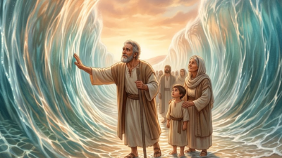 Illustration of Moses and the Israelites walking with awe and reverence along the dry seabed between towering walls of parted ocean water toward warm sunlight.
