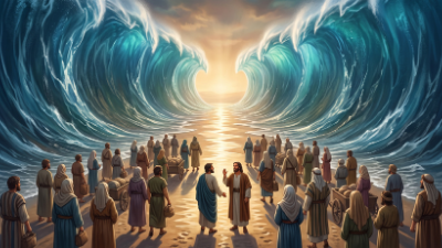 Biblical illustration of the Red Sea miracle depicting trust, faith, and divine deliverance as travelers walk through parted waters.