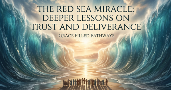 The image captures the powerful moment of the sea parting, with massive walls of water holding back to reveal a path. The warm, glowing light on the horizon provides a feeling of hope and spiritual guidance.